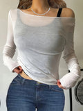 Women's Off Shoulder Sheer Top Long Sleeve Slim Fit - Asymmetric Neckline Semi-Transparent Stretch T-Shirt, Elegant Layering Top Spring Summer Going Out Shirt