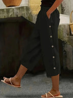 Women's Capri Pants Elastic Waist Button Decoration Casual All-Season Comfort Pants with Pockets Black Olive Green Navy Coffee Off-White S M L XL XXL