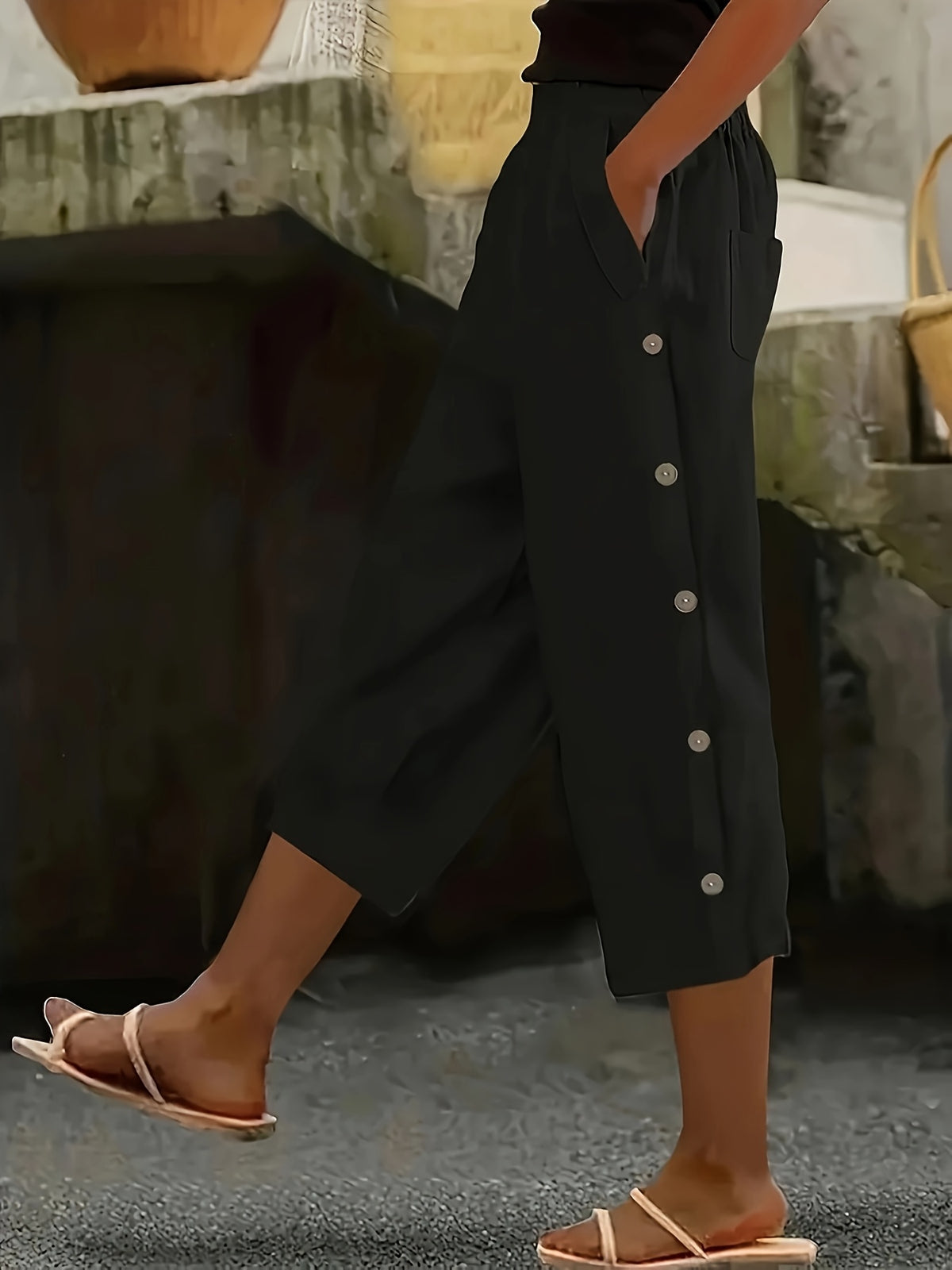 Women's Capri Pants Elastic Waist Button Decoration Casual All-Season Comfort Pants with Pockets Black Olive Green Navy Coffee Off-White S M L XL XXL