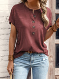 Women's Button-Front Short Sleeve Lightweight Breathable Semi-Sheer Casual Chic Top Regular Fit Blouse - Stylish Summer Shirt for Women Polyester Elastane Knit Fabric Machine Washable Streetwear