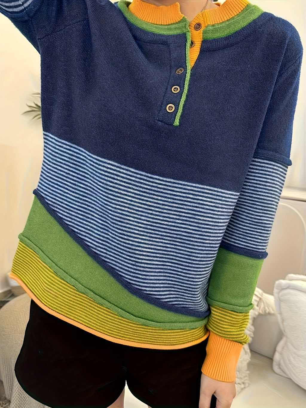 Women's Y2K Striped Color Block Pullover Sweater Crew Neck Button Detail | Casual Fall Winter Asymmetrical Knit Top Navy S M L XL XXL