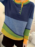 Women's Y2K Striped Color Block Pullover Sweater Crew Neck Button Detail | Casual Fall Winter Asymmetrical Knit Top Navy S M L XL XXL