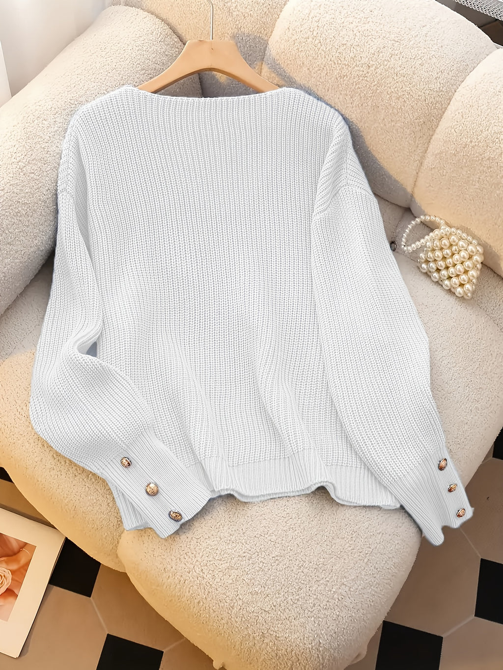 Women's V-Neck Ribbed Sweater Long Sleeve Pullover with Faux Button Detail - Elegant Casual Knitwear for Fall Winter Office Daily Wear Machine Washable
