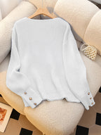 Women's V-Neck Ribbed Sweater Long Sleeve Pullover with Faux Button Detail - Elegant Casual Knitwear for Fall Winter Office Daily Wear Machine Washable