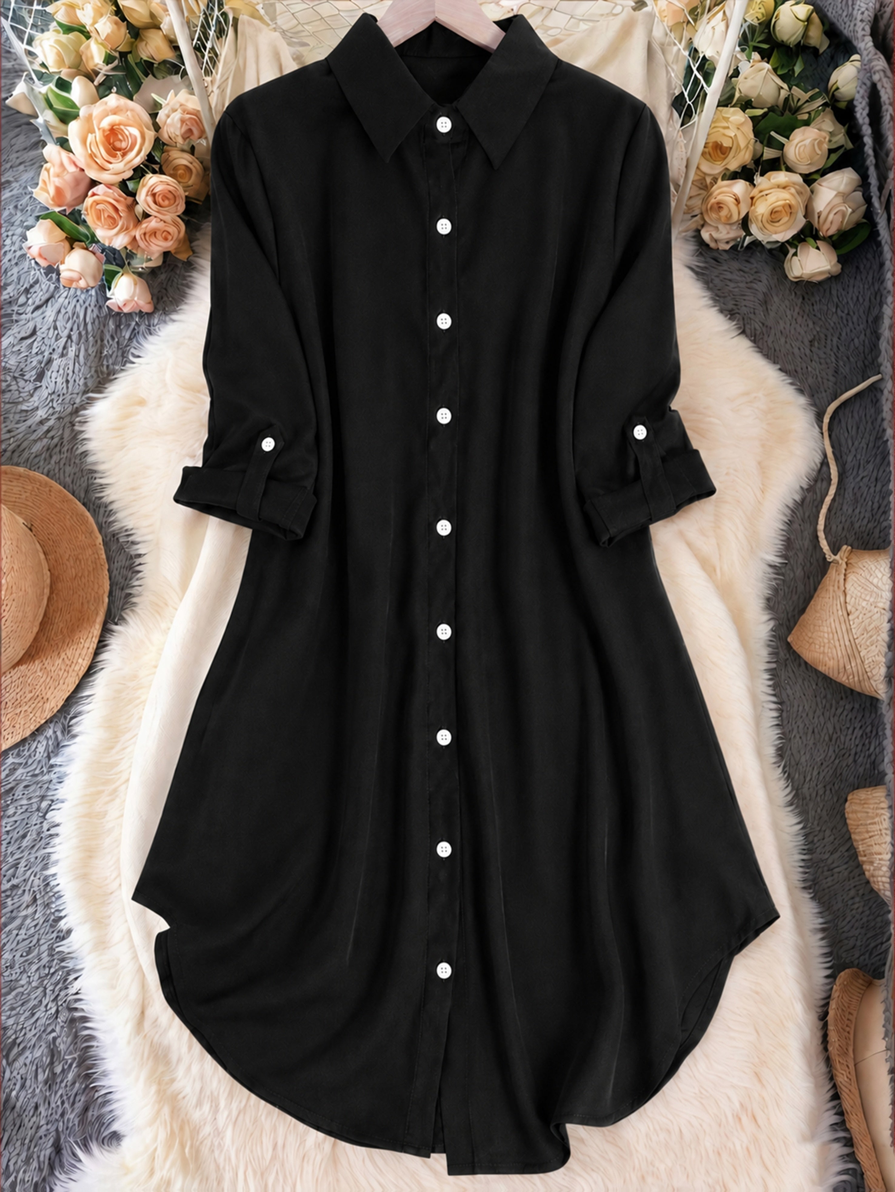 Women's Casual Lapel Shirt Solid Color Mid-sleeve Blouse All Season Versatile Loose Fit Button Down Top for Women