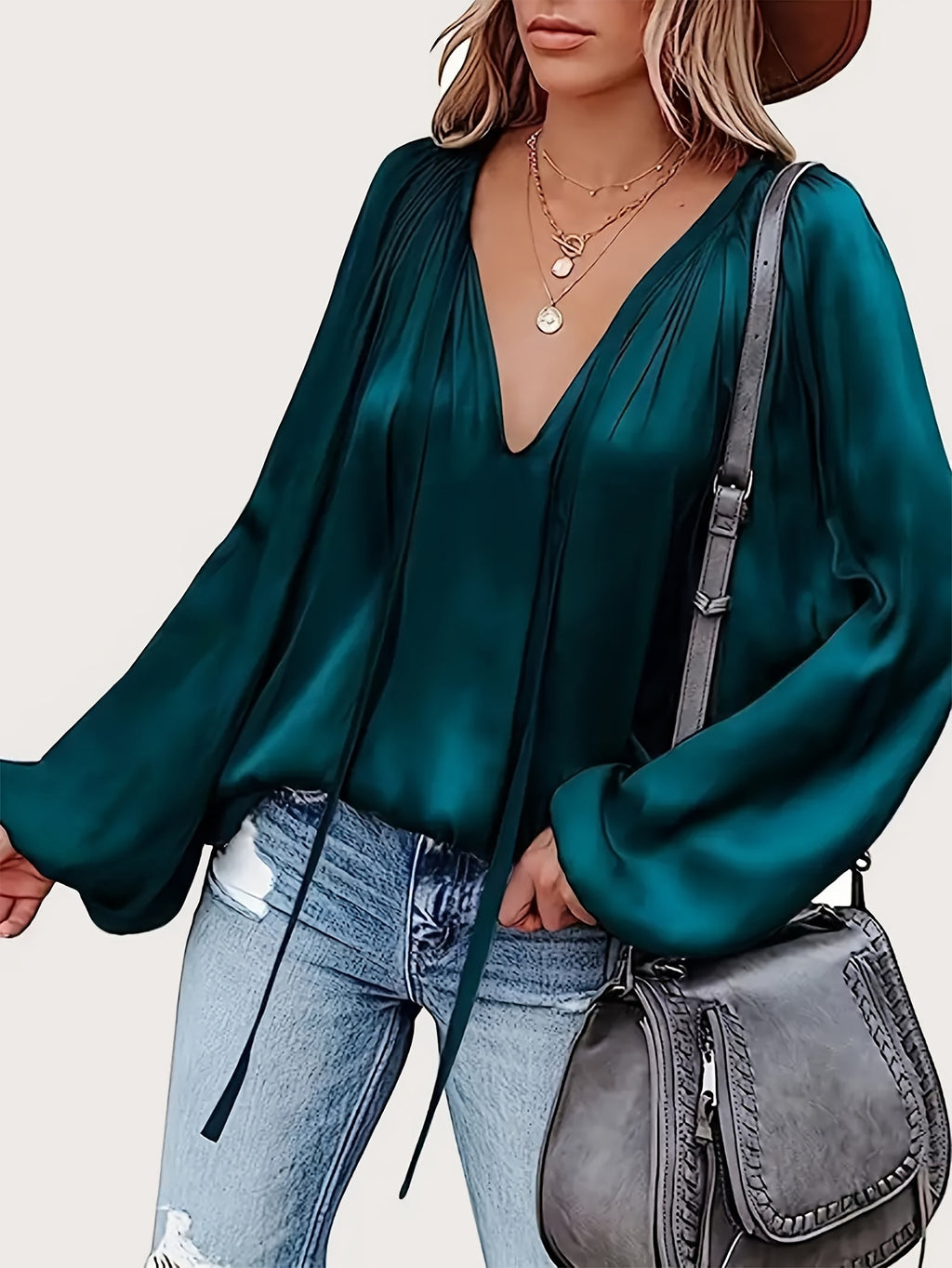 Women's Tie Neck Lantern Sleeve Blouse - Solid Color Ruched Loose Fit Casual Long Sleeve Top for Spring Fall | Comfortable Everyday Wear S-XXL