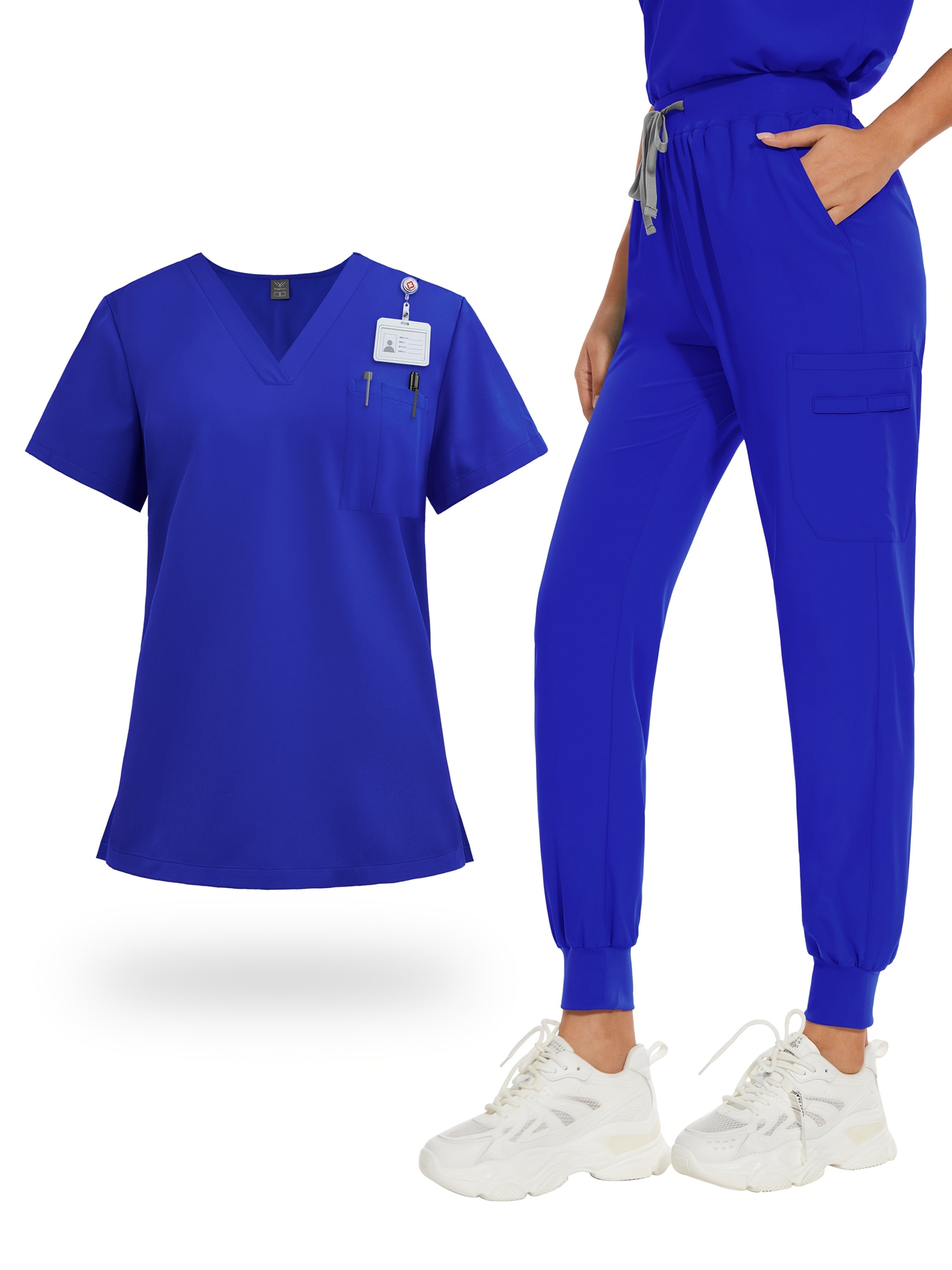 Women's Scrub Sets V-Neck Uniform Tops and Pants with Pockets for Nurses Medical Dental Spa Work Wear Short Sleeve Solid Color All Season Scrub Suit Elastic Comfortable Healthcare Outfit
