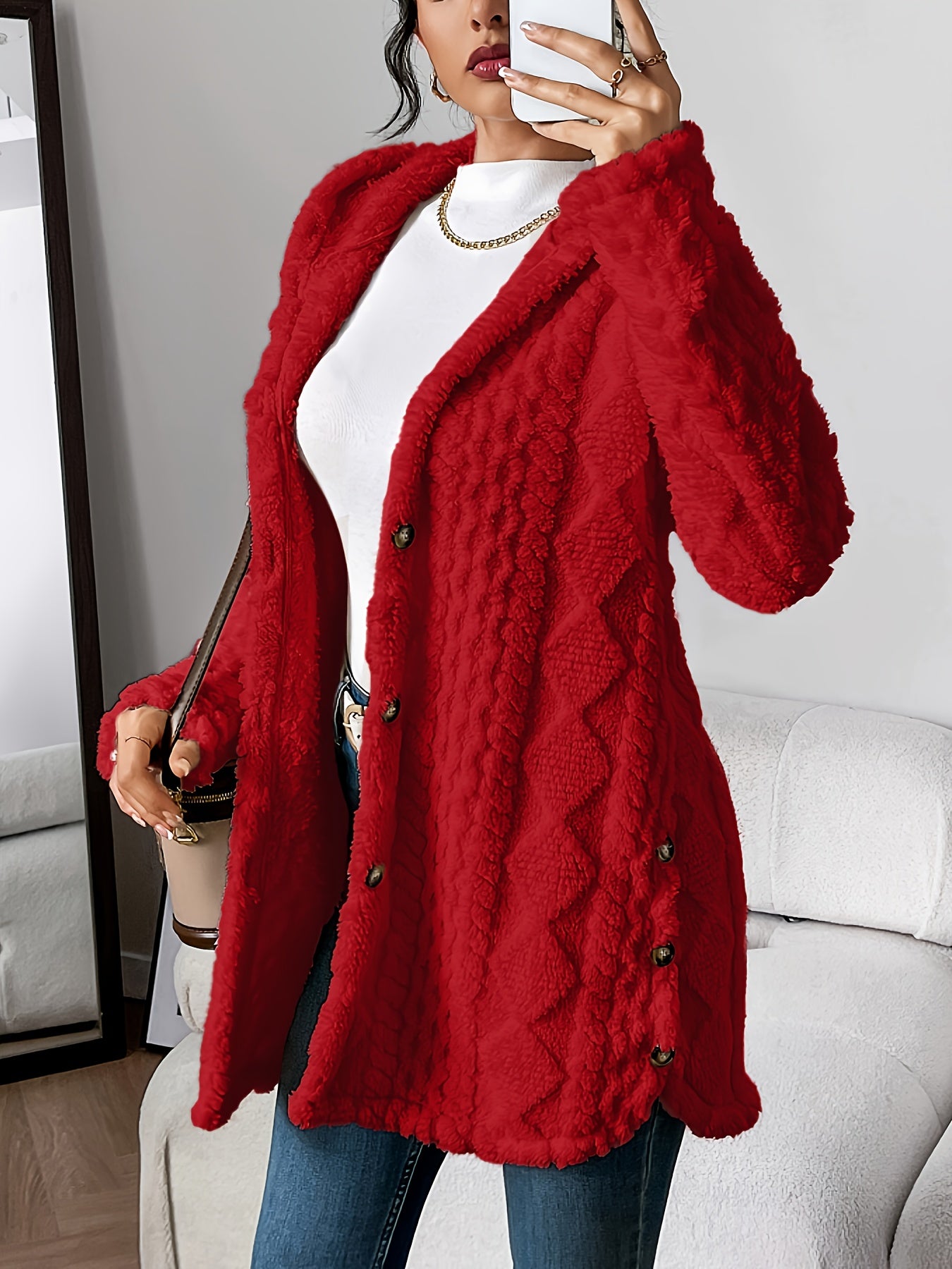 Women's Jacquard Plush Hooded Cardigan Coat – Warm Fuzzy Open Front Sweater Jacket for Autumn Winter