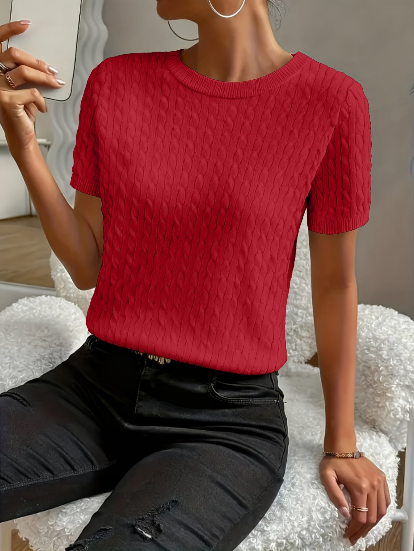Women's Ribbed Knit Short Sleeve Pullover Top | Crew Neck Minimalist Casual Summer T-Shirt Versatile Stretch Comfort