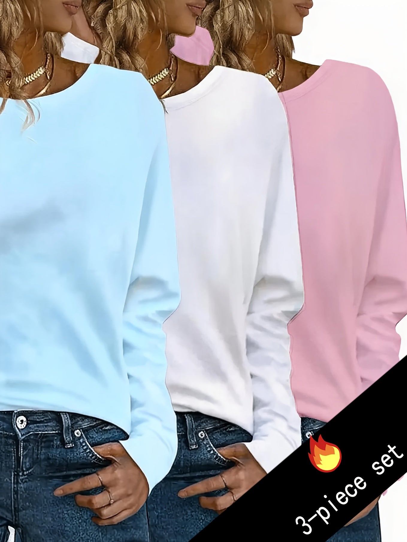 Y2K 3 Piece Long Sleeve T-Shirt Set for Women Solid Color Casual Warm Tops Regular Fit All Seasons Streetwear Layering Outfit S M L XL XXL