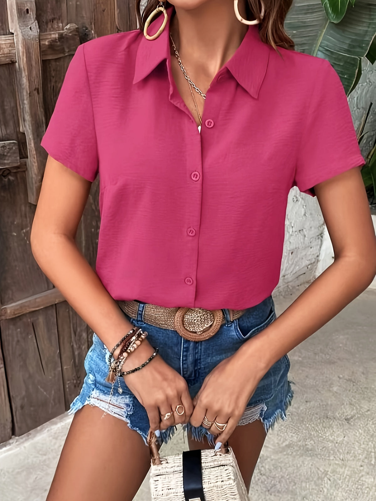 Women's Elegant Ruffle Hem Blouse Button-Front Short Sleeve Collared Shirt Navy Black Burgundy Apricot Pink Spring Summer Fall Casual Office Lightweight Polyester Top XS S M L XL