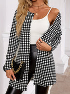 Houndstooth Open Front Cardigan Outwear Women Long Sleeve Loose Coat Spring Fall Fashion Black White Plaid Jacket Casual Streetwear