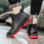 Lightweight Non-Slip Short Ankle Rain Boots for Men and Women Cushioned Insoles Breathable Lining Textured Anti-Slip Sole Fashionable Unisex Couple Rain Boots for Car Washing Outdoor Activities Black Beige US 5.5-12