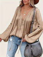 Women's Tie Neck Lantern Sleeve Blouse - Solid Color Ruched Loose Fit Casual Long Sleeve Top for Spring Fall | Comfortable Everyday Wear S-XXL