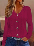 Women's Eyelet Solid V-Neck Button-Front Long Sleeve Blouse | Semi-Sheer Stretch Knit Casual Layering Top for Spring Summer Fall