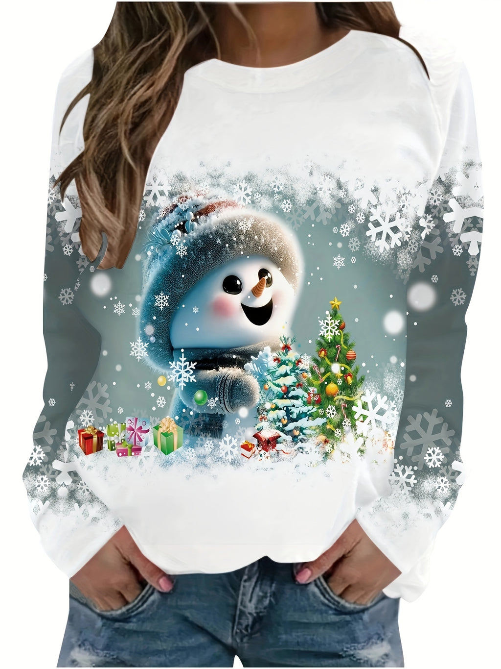 Christmas Print Crew Neck Long Sleeve Loose Pullover Sweatshirt Women Holiday Festive Casual Tops US Warehouse