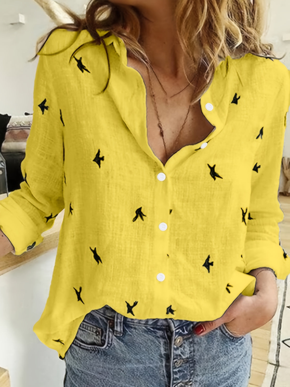 Women's Bird Print Button-Front Long Sleeve Shirt | Lapel Collar Casual Woven Polyester Top for Spring Fall Everyday Wear