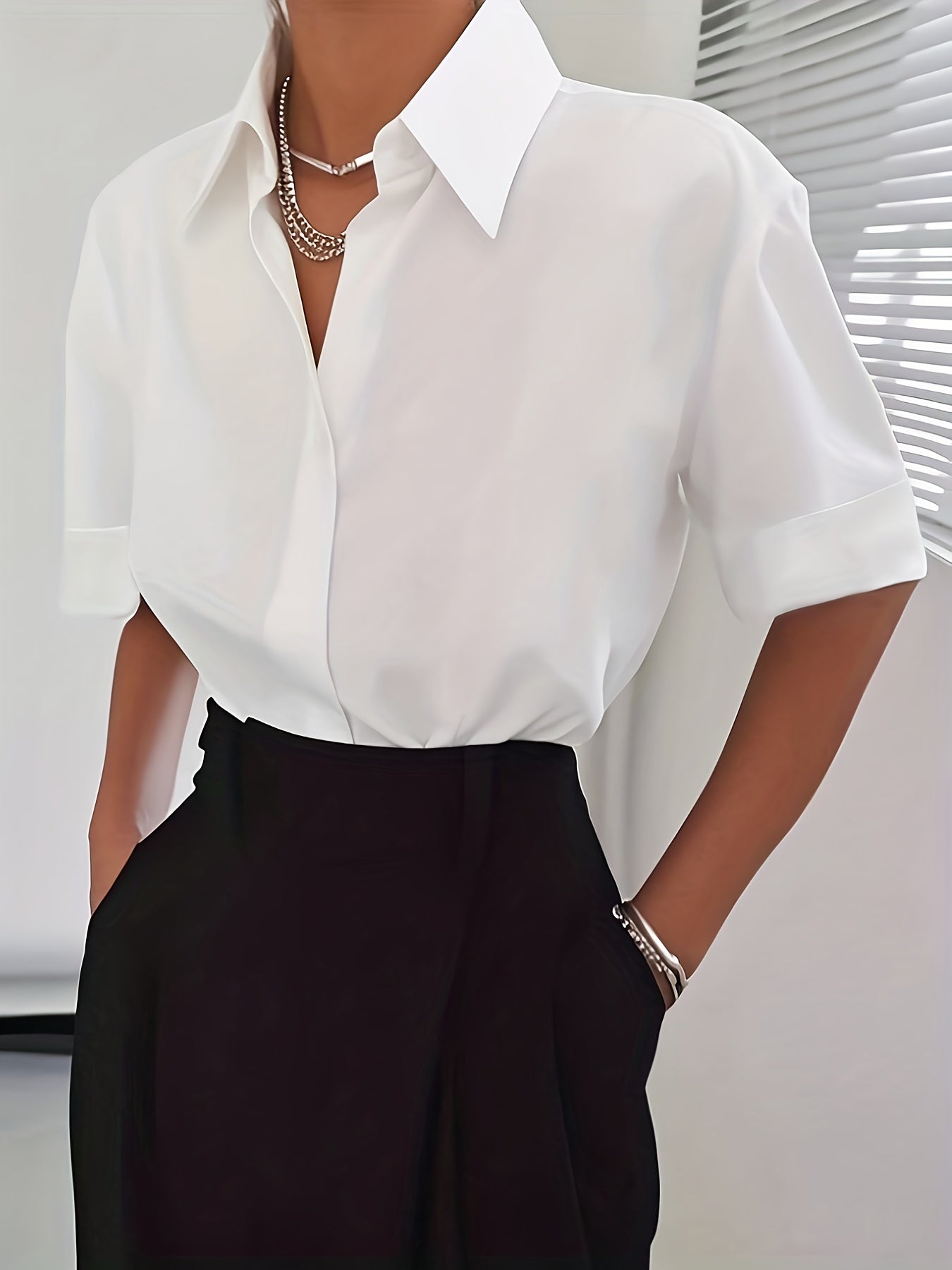Women's Elegant Neckline Short Sleeve Solid Color Blouse 100% Polyester Casual Chic Top White Black Light Blue Coffee S M L XL All Season Woven Shirt