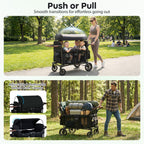 4-Seater Wagon Stroller for Kids, Foldable Push-Pull Toddler Wagon with Removable Canopy, 5-Point Safety Harness, Adjustable Handles, Snack Tray & Storage Bag - Convertible Family Outdoor Cart for 4 Children