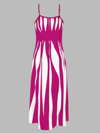 Women's V-Neck Spaghetti Strap Printed Casual Dress – 100% Polyester Knit Stretch Midi Dress for Spring Summer Fall Winter All Seasons