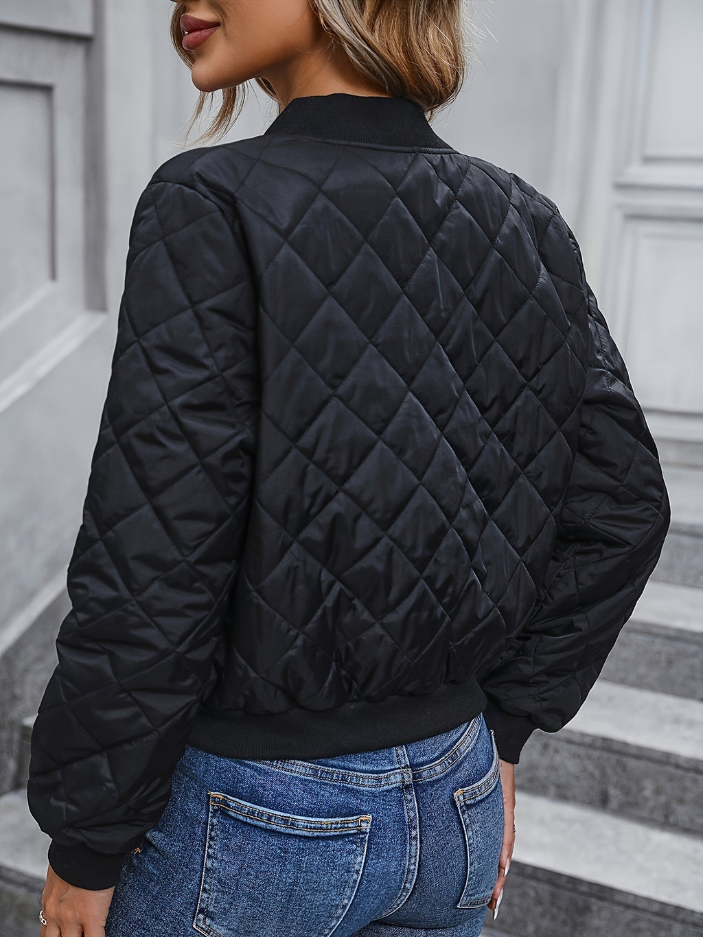Quilted Flight Jacket Women Zip Up Long Sleeve Crew Neck Flared Hem Casual Coat – Solid Color Polyester Bomber Jacket S-XXL Black Olive Green