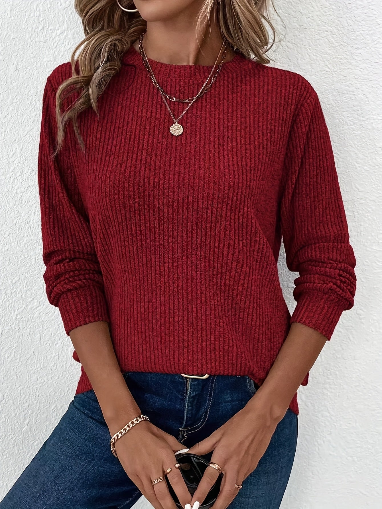 Women's Solid Color Ribbed Fleece Round Neck Long Sleeve Top – Cozy Stretch Pullover for Spring, Summer & Layering