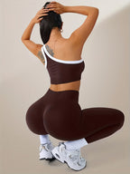 Women's 2-Piece High-Waisted Butt-Lifting Leggings & Sports Bra Set – 90% Polyamide Stretchy Minimalist Yoga Running Workout Outfit with Camisole Top, Solid Color, S-XL