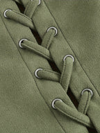 Vintage Lace-Up Drawstring Vest Women Elegant Woven Top Sleeveless Blouse Spring Summer Fall Khaki Green S M L XL