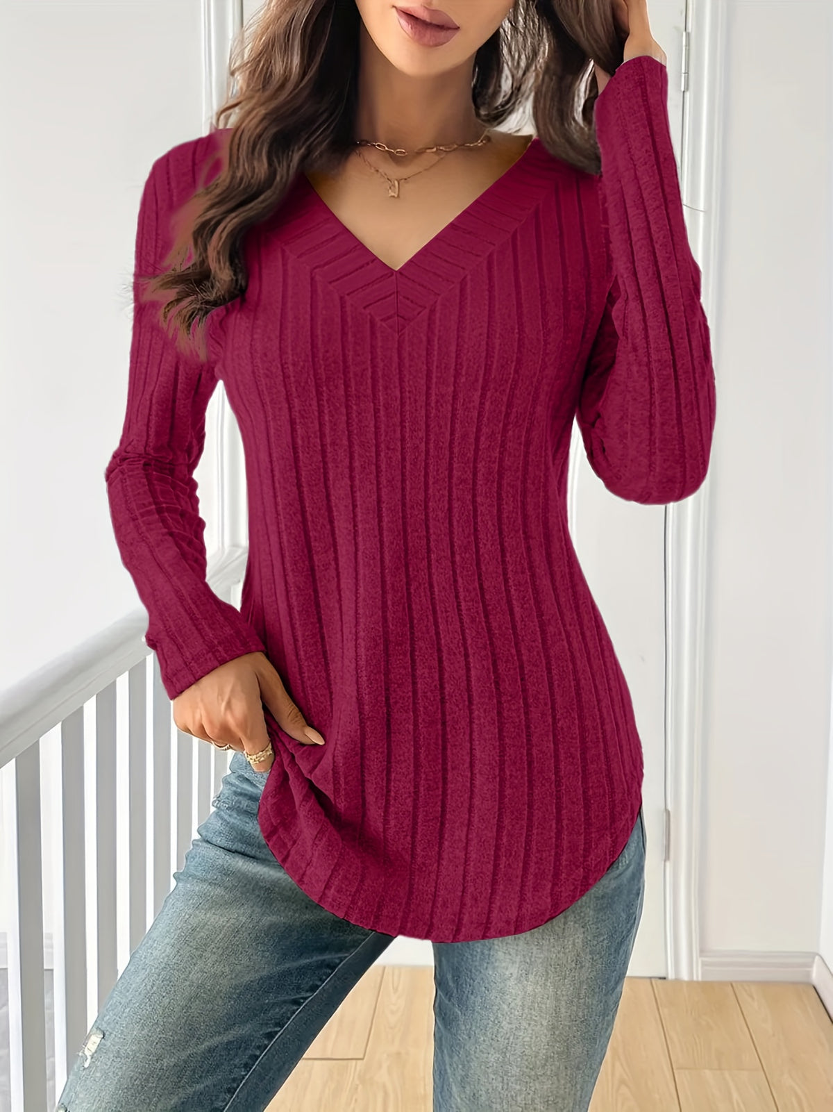 Women's Spliced V-Neck Ribbed Long Sleeve T-Shirt – Soft Stretch Solid Color Casual Top for Spring Fall Winter | Multi-Color S-XXL