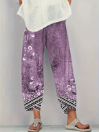 Vintage Floral Capri Pants with Elastic Waist & Pockets | Women's Retro Smocked Cropped Trousers | Casual Comfortable Boho Bottoms for Spring Summer Fall | S-XXL Multiple Colors