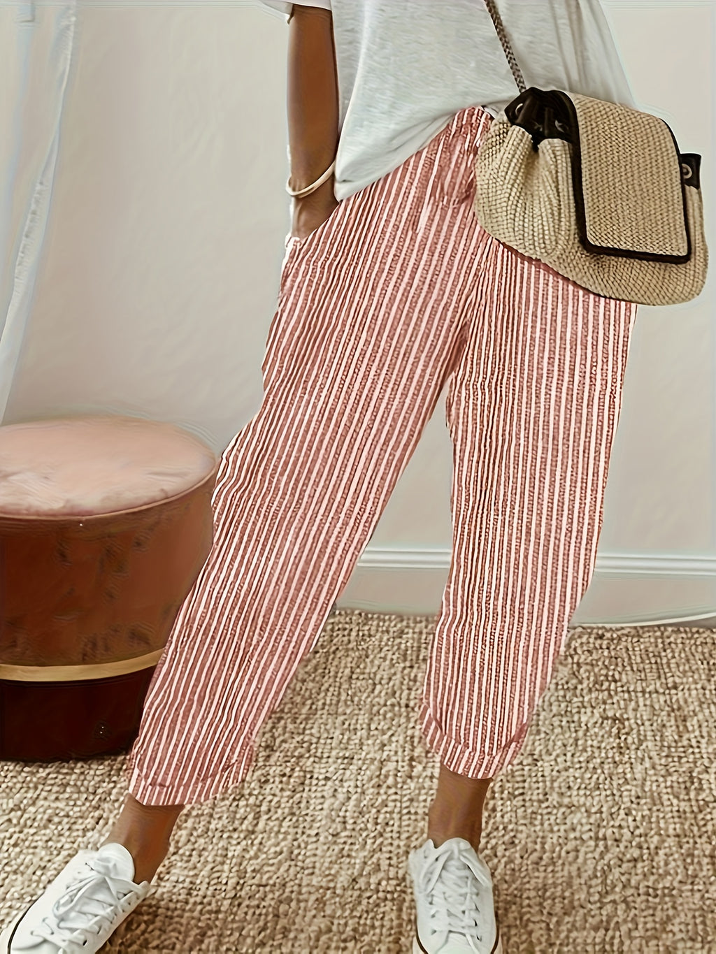 Women's Striped Casual Loose-Fit Ankle Pants - Relaxed Vacation Style Trousers with Pockets, Lightweight Polyester Fabric, Perfect for Summer Travel, Beach Outings & Everyday Wear | S-XXL