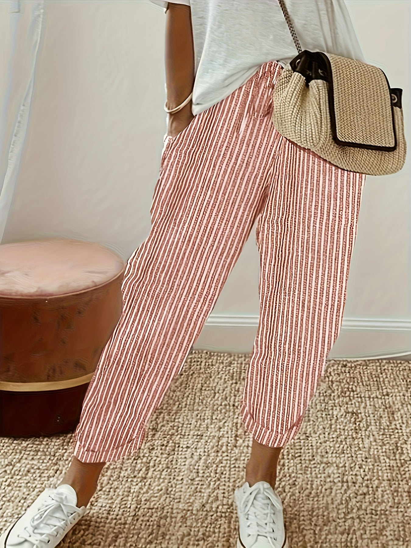Women's Striped Casual Loose-Fit Ankle Pants - Relaxed Vacation Style Trousers with Pockets, Lightweight Polyester Fabric, Perfect for Summer Travel, Beach Outings & Everyday Wear | S-XXL