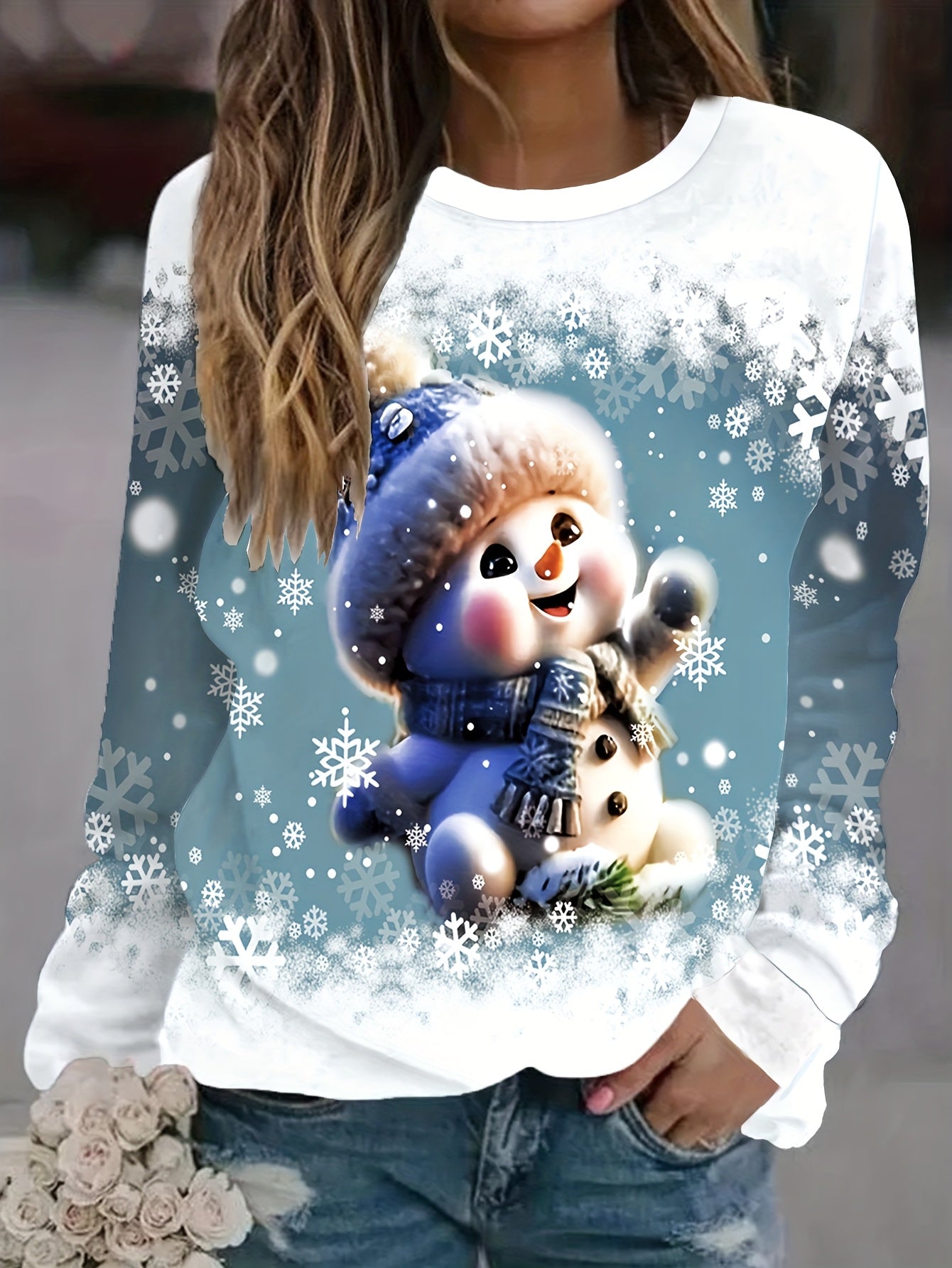 Christmas Print Crew Neck Long Sleeve Loose Pullover Sweatshirt Women Holiday Festive Casual Tops US Warehouse