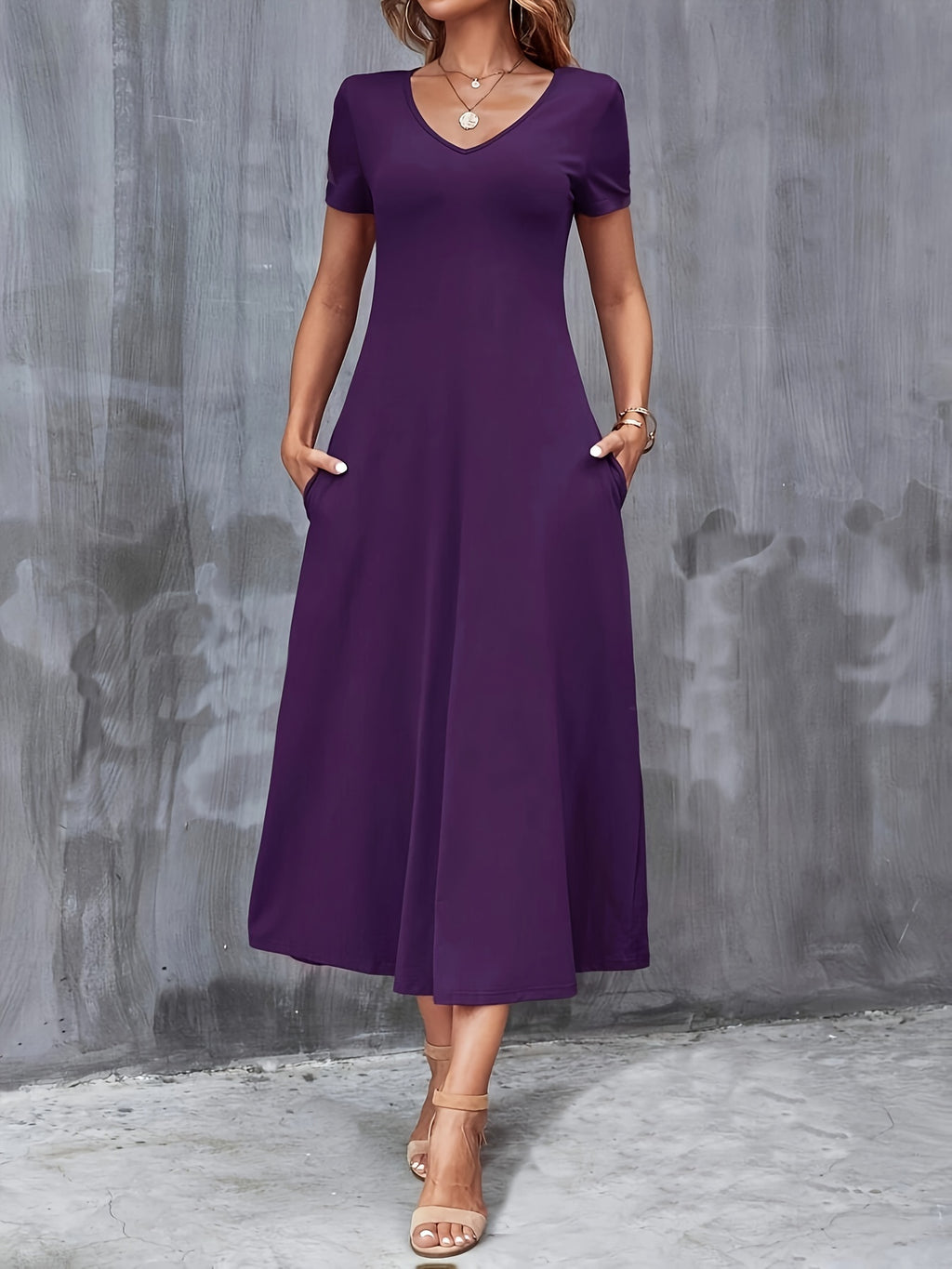 V-Neck A-Line Dress with Pockets Women Short Sleeve Casual Solid Color Knit Stretch Machine Washable Blue Black Navy Burgundy Olive Dark Green S M L XL XXL