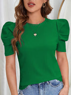 Women's Puff Sleeve T-Shirt - Elegant Ruffled Shoulder Round Neck Short Sleeve Solid Color Casual Top, Regular Fit All-Season Machine Washable Blouse, Green Red Blue, Sizes S-XXL, Versatile Everyday Wear