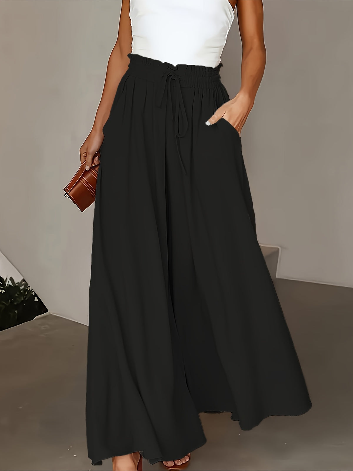Women's High-Waist Wide-Leg Pants – Elegant Loose Fit Solid Color Flowy Trousers with Pockets for Spring Summer Office Casual