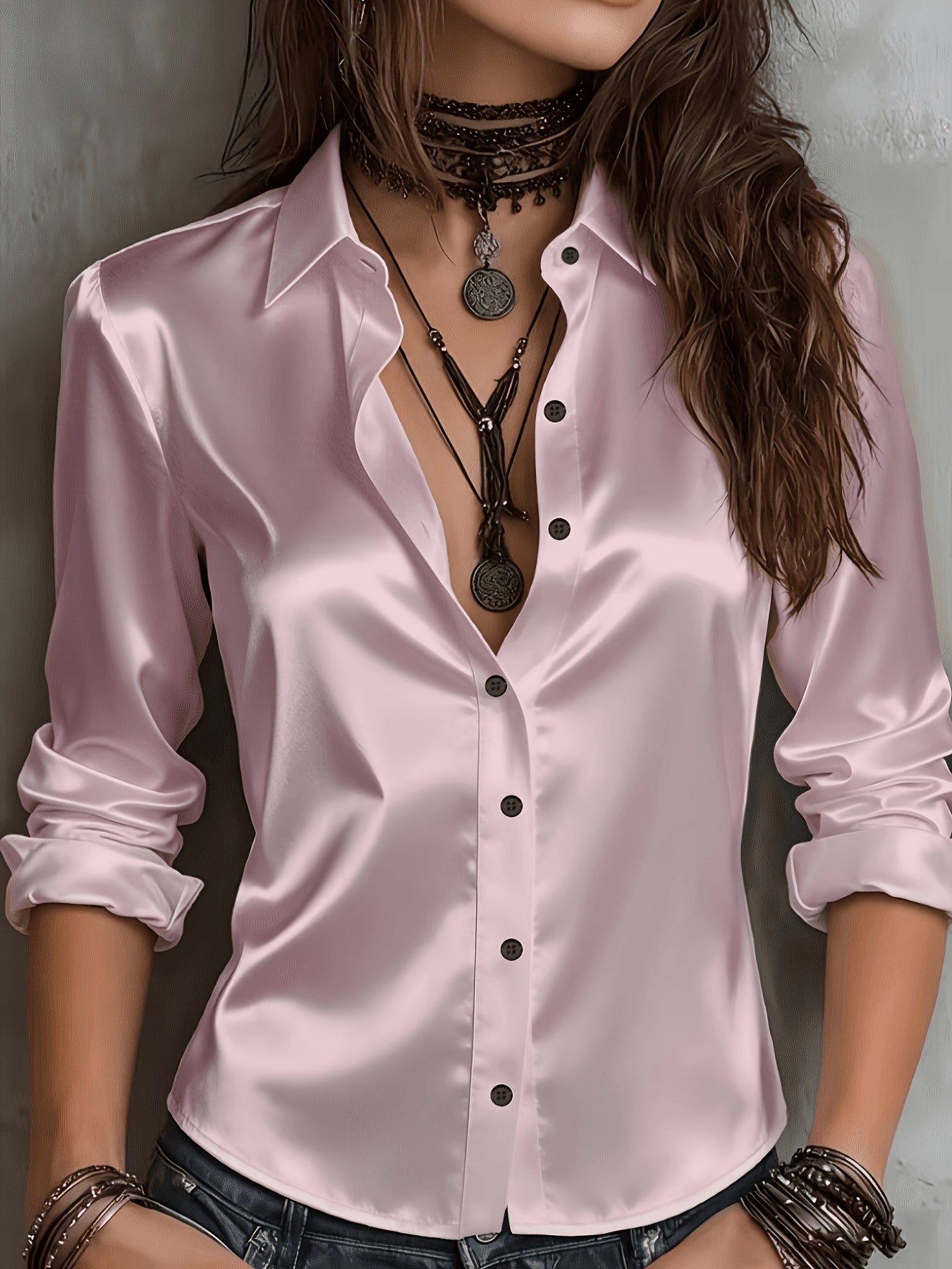 Women's Satin Shirt Elegant Commuter Blouse All Season Temperament Button-Down Top Silky Smooth Office Work Casual Wear S M L XL XXL
