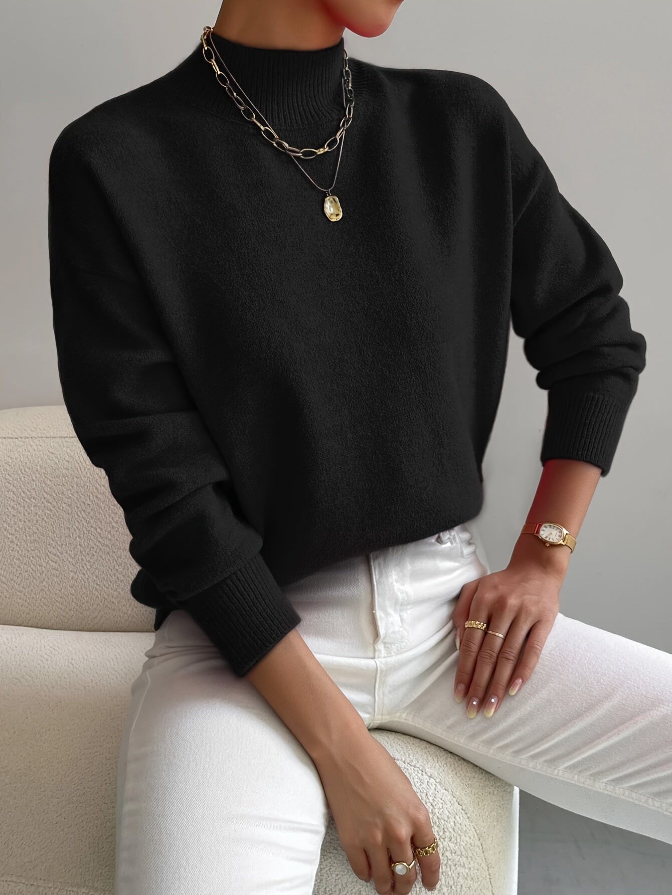 Women's Solid Color Mock Neck Drop Shoulder Pullover Sweater – Long Sleeve Knit Acrylic Blend Cozy Fall Winter Top