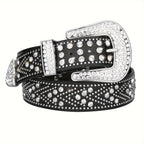 Studded Rhinestone Belt for Men & Women – Bling Y2K Western Cowboy Cowgirl Faux Leather Belt with Gold Metal Buckle, Punk Style, Sizes 28–44
