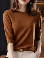 Women's Ribbed Knit Crew Neck Three-Quarter Sleeve Pullover Sweater Top – Vintage Elegant Stretch Soft Fabric Spring Autumn Long Sleeve Blouse S-XXL