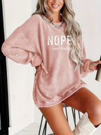 NOPE Printed Long Sleeve Top Women Crew Neck Graphic Shirt Casual Pullover S M L XL XXL Khaki Pink Letter Print