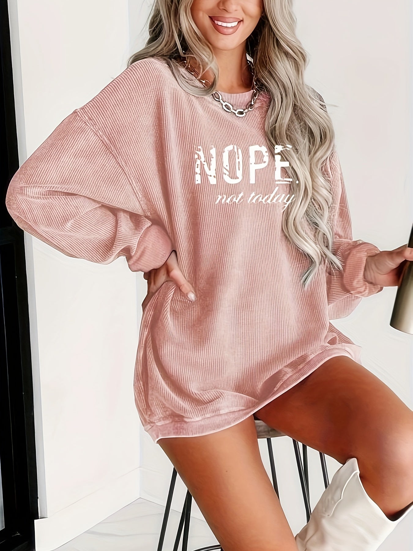 NOPE Printed Long Sleeve Top Women Crew Neck Graphic Shirt Casual Pullover S M L XL XXL Khaki Pink Letter Print