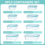 Glass Food Storage Containers Set of 8 with Lids – Borosilicate Leak-Proof Meal Prep Containers, Oven Microwave Dishwasher Safe, Stackable Kitchen Storage for Leftovers & Lunch