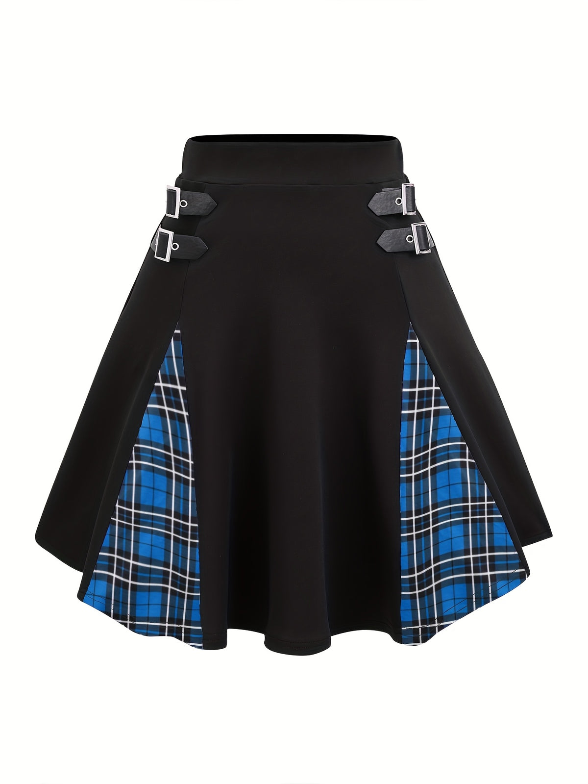 Gothic Plaid Buckle High Waisted A-Line Mini Skirt Women Y2K Gingham Color Block Knit Skirt Black Gray Red Blue Purple S M L XL XXL
