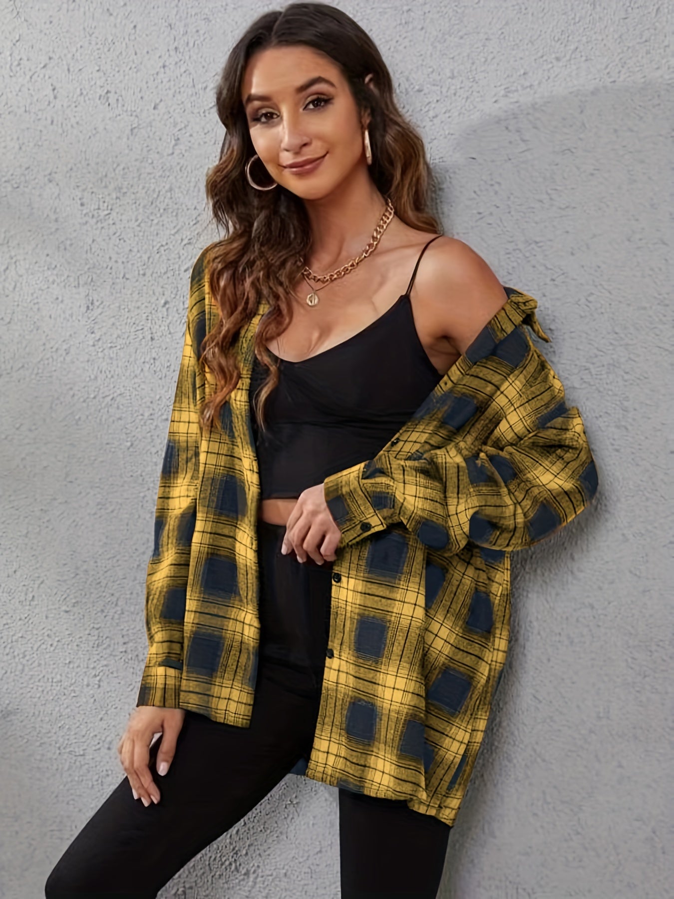 Plaid Gingham Print Button Front Shirt Women Casual Lapel Long Sleeve Split Cuff Loose Top Blouse XS-XXL