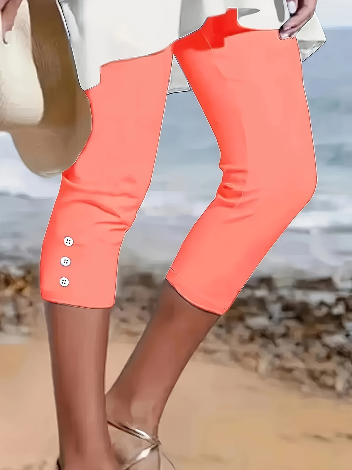 Women's Capri Pants Solid Color Stretchy Button-Front Elastic Waist Three-Quarter Length Trousers Casual Dressy Spring Summer Machine Washable S M L XL XXL