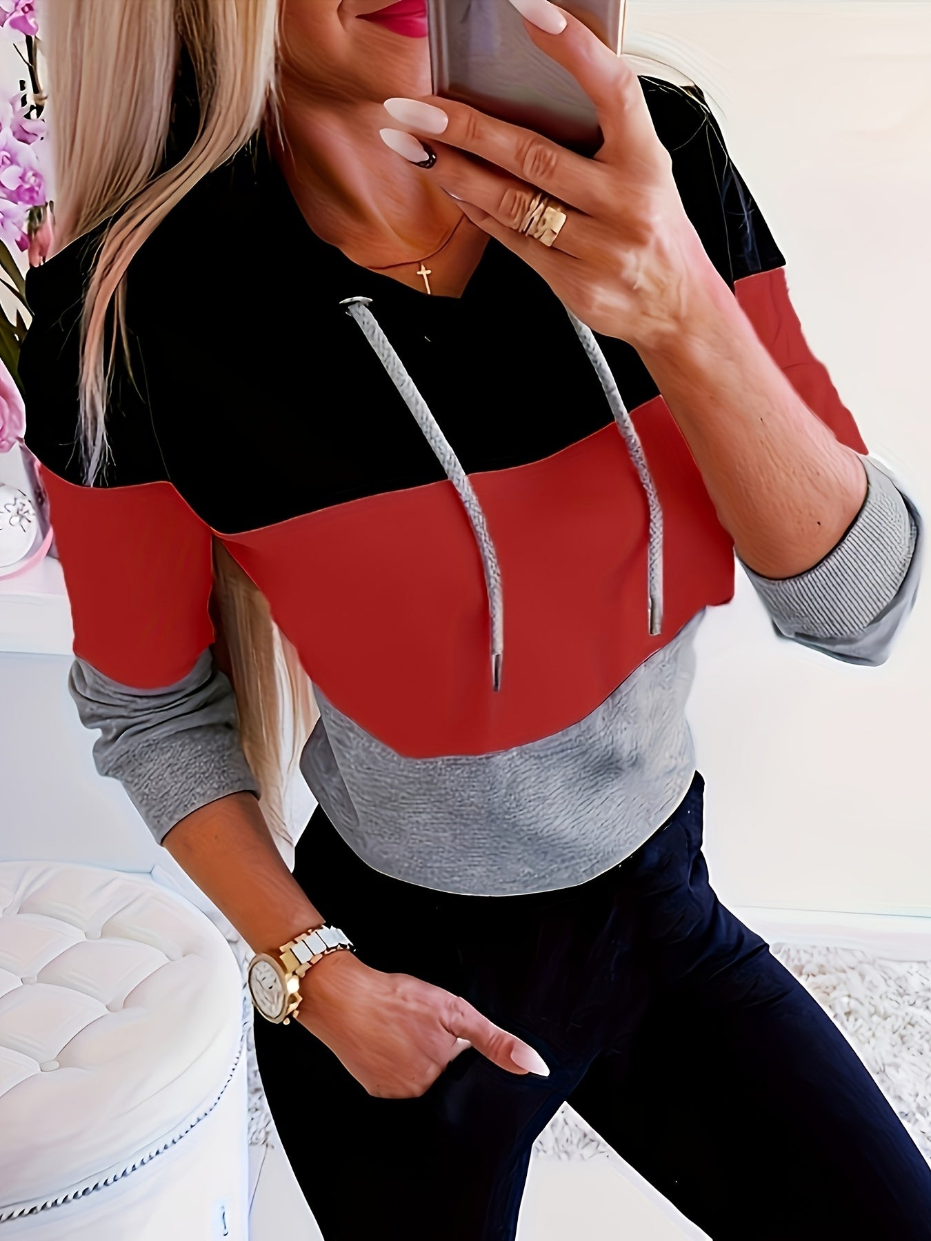 Women's Color Block Drawstring Hoodie Casual Long Sleeve Pullover Sweatshirt Patchwork Streetwear S-XXL Multiple Colors