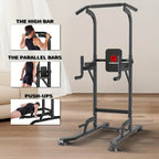 Adjustable Height Power Tower Dip Station – Multi-Function Pull Up Bar, Strength Training Workout Station for Home Gym – Black T055KX, No Backrest & Red T055CDU Models