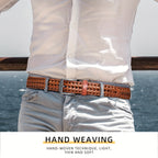 Men's Leather Braided Belt – Woven Hollow Design with Gold Zinc Alloy Buckle, Casual Dress Belt for Golf Pants Jeans Everyday Wear, Sizes 34" to 50", Great Gift for Dad