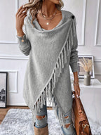 Women's Fringed Shawl Cardigan with Draped Neckline - Fringe Trim Wrap Sweater for Fall Winter, Solid Color Loose Knit Poncho Shawl S M L XL XXL